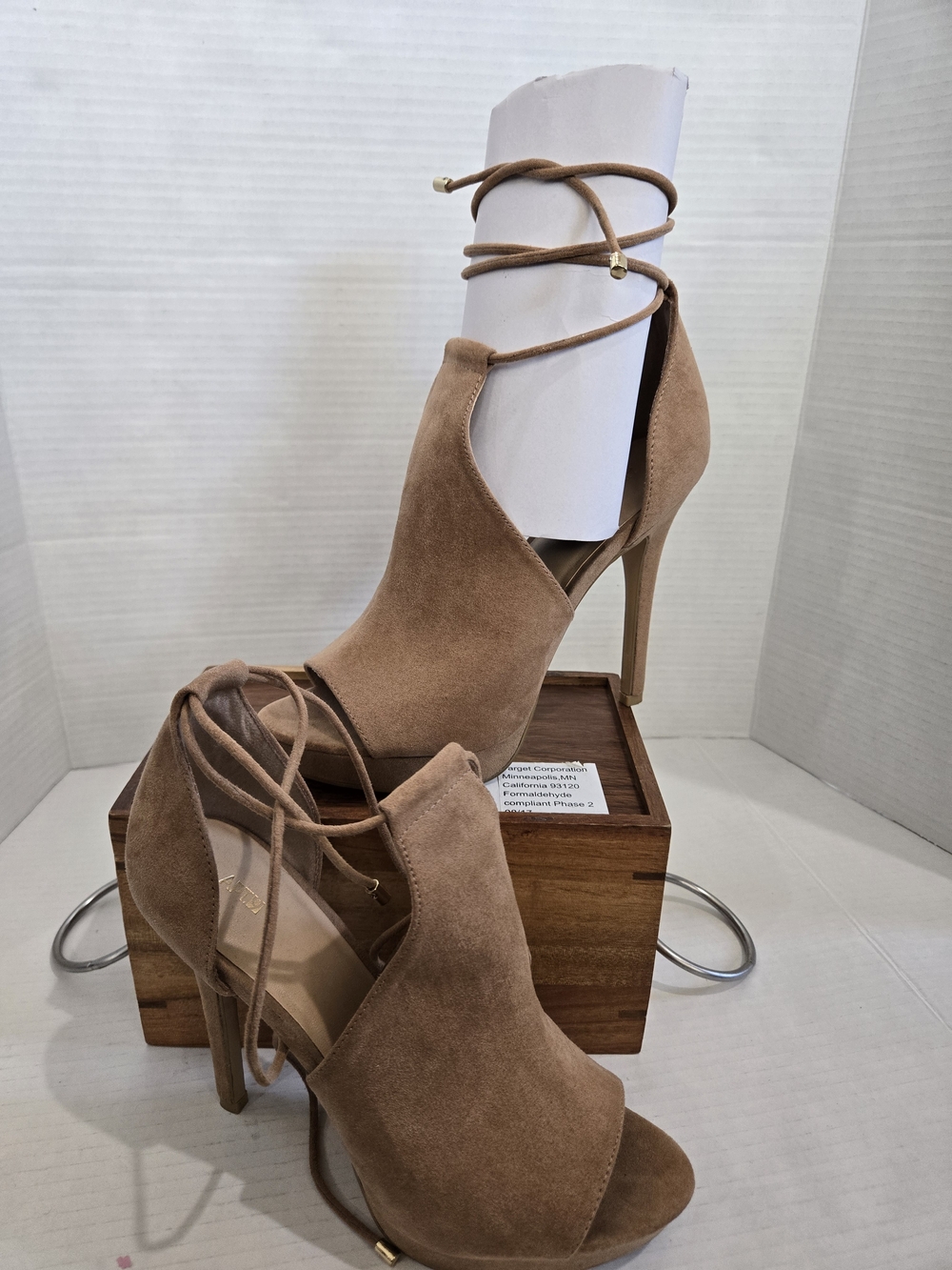 APT 9 Suede Lace-Up Peep Toe High Heels - Tan 7.5